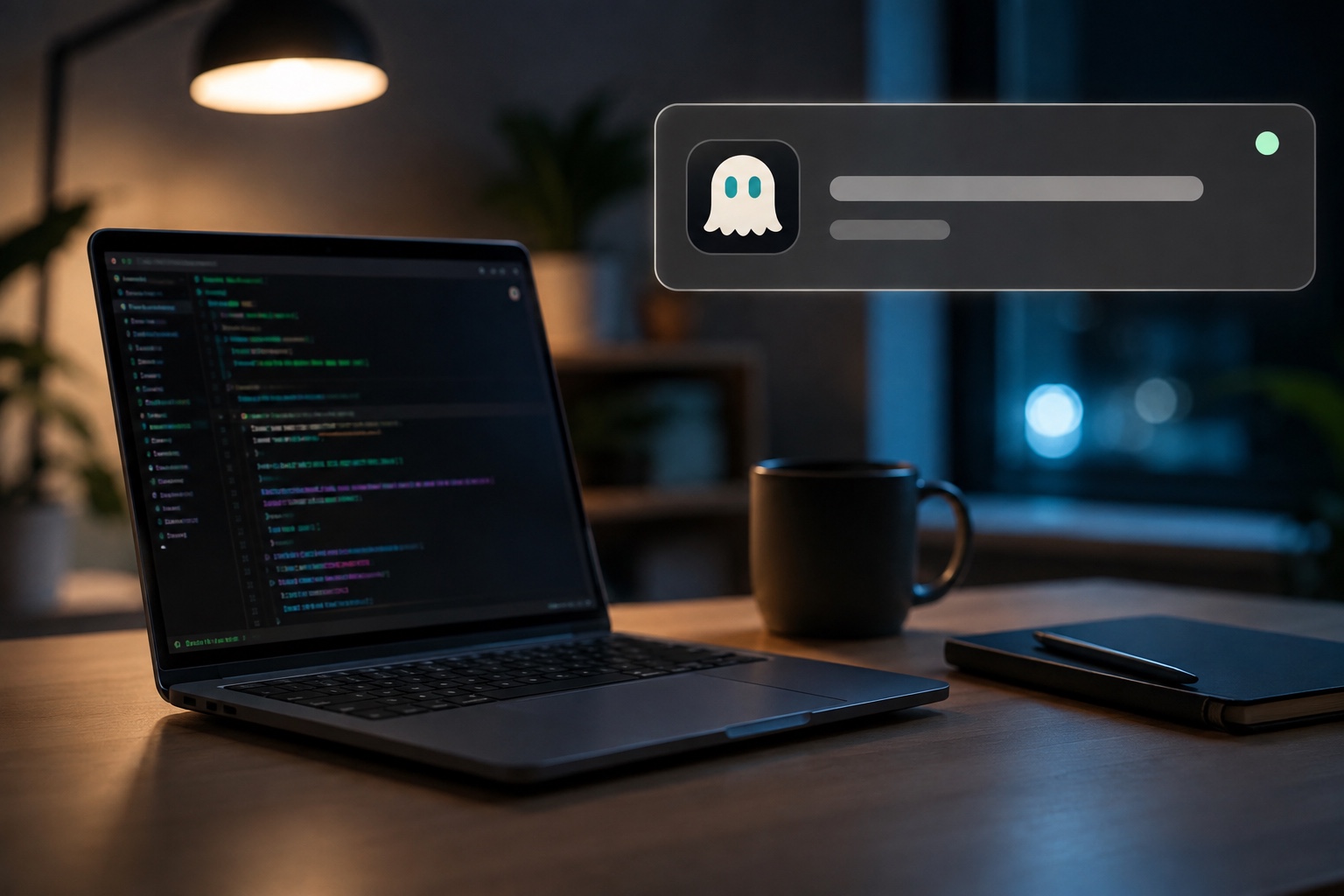 A laptop on a desk at night showing code in a terminal, with a Ghostty notification banner floating above it