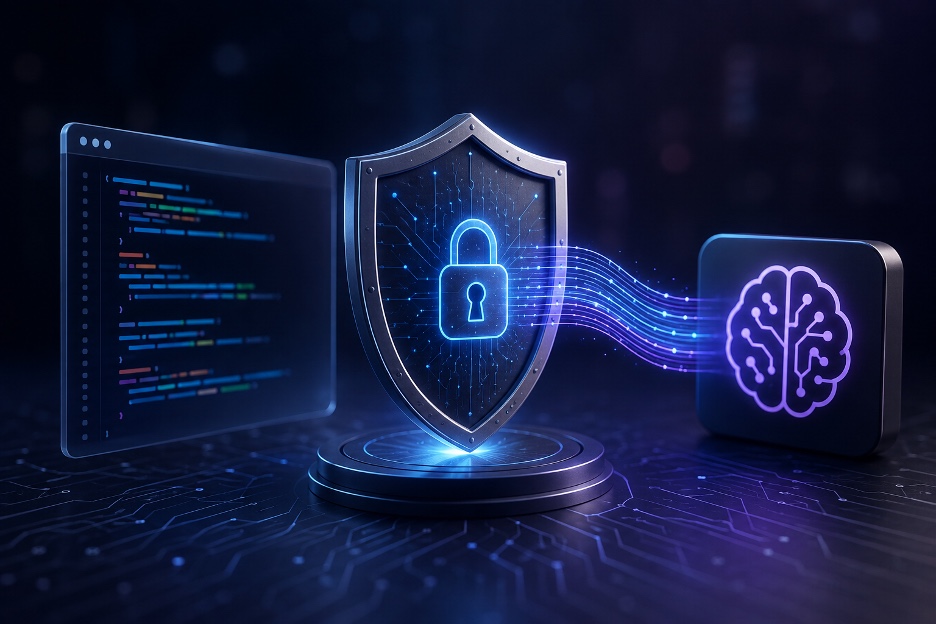 A shield with a padlock sitting between a window of source code and a glowing brain, connected by data streams
